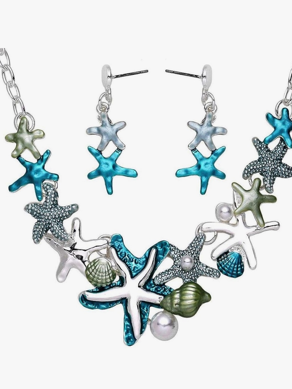 Fashion Jewelry teal and seafoam starfish necklace with matching earrings